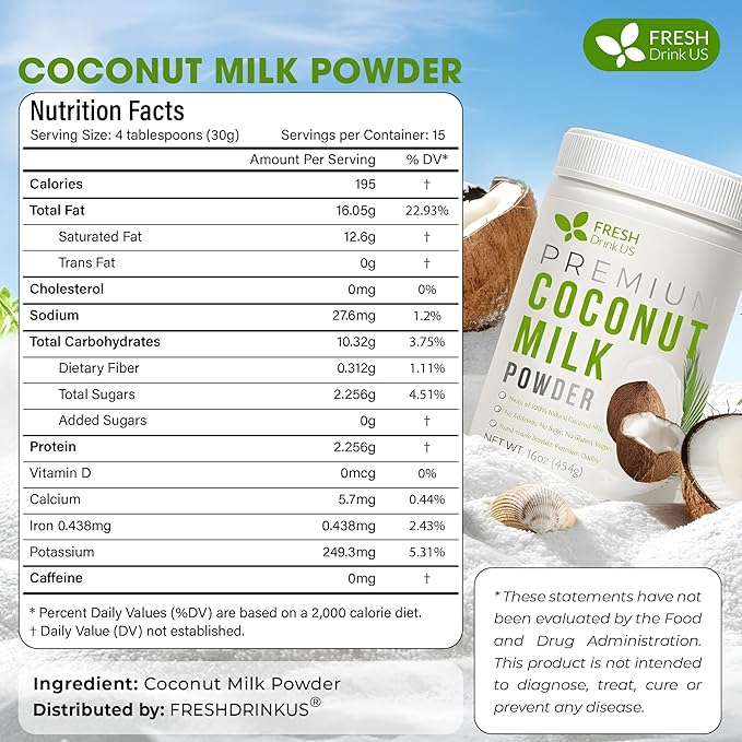 FreshDrinkUS, Coconut Milk Powder 16oz – Creamy & Rich Coconut Flavor – Great - Image 2
