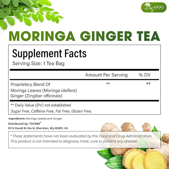 TOG999, Permium Moringa Ginger Herbal Tea – 60 Tea Bags – Caffeine-Free - Image 2