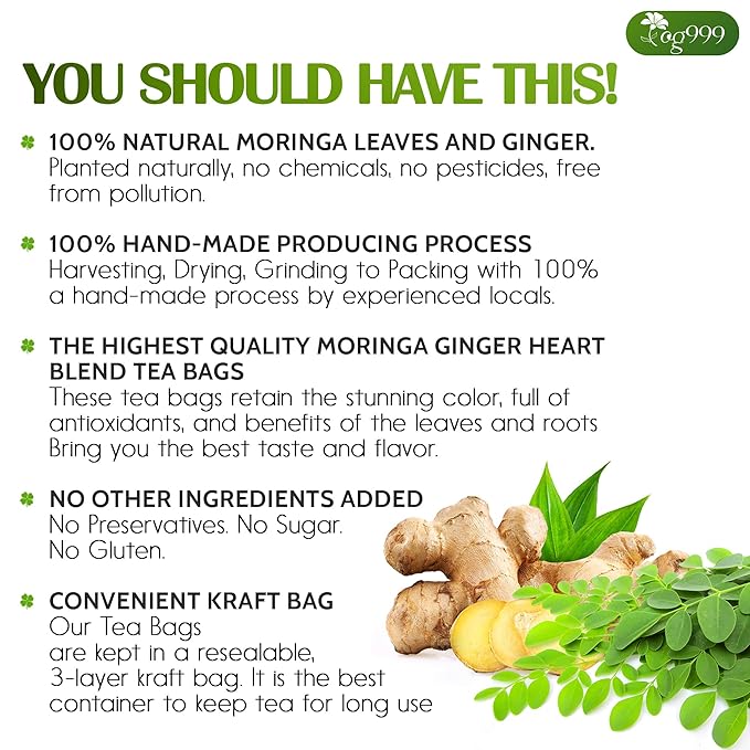 TOG999, Permium Moringa Ginger Herbal Tea – 60 Tea Bags – Caffeine-Free - Image 3